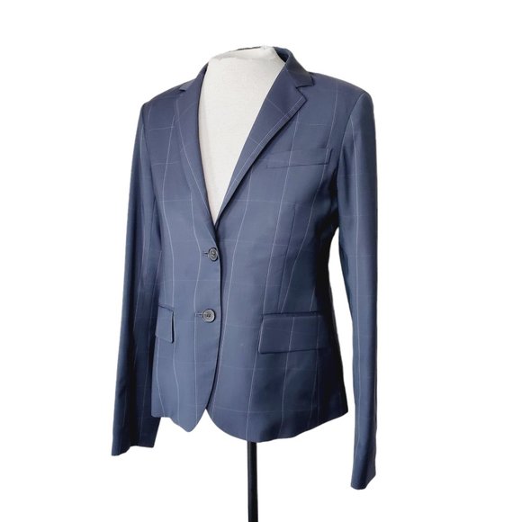 Theory Blazer Wool Check Work Career Preppy Sophisticated Academia Navy 8 - Picture 2 of 11